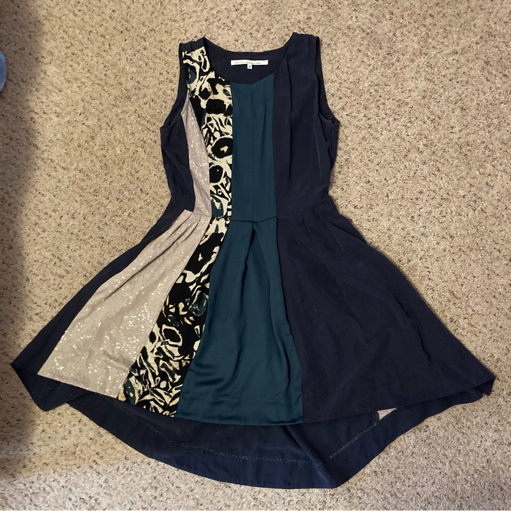 Rachel Roy swing dress scoop neck multi fabric pleated hi-lo sequin animal black